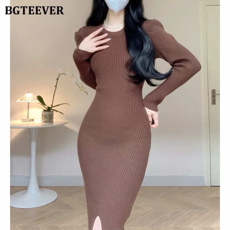 Bgteever Herbst Winter Puff ärmel weibliches Paket Hüft strick kleid elegantes O-Ausschnitt schlanke Taille Frauen Split Bodycon Pullover Kleid