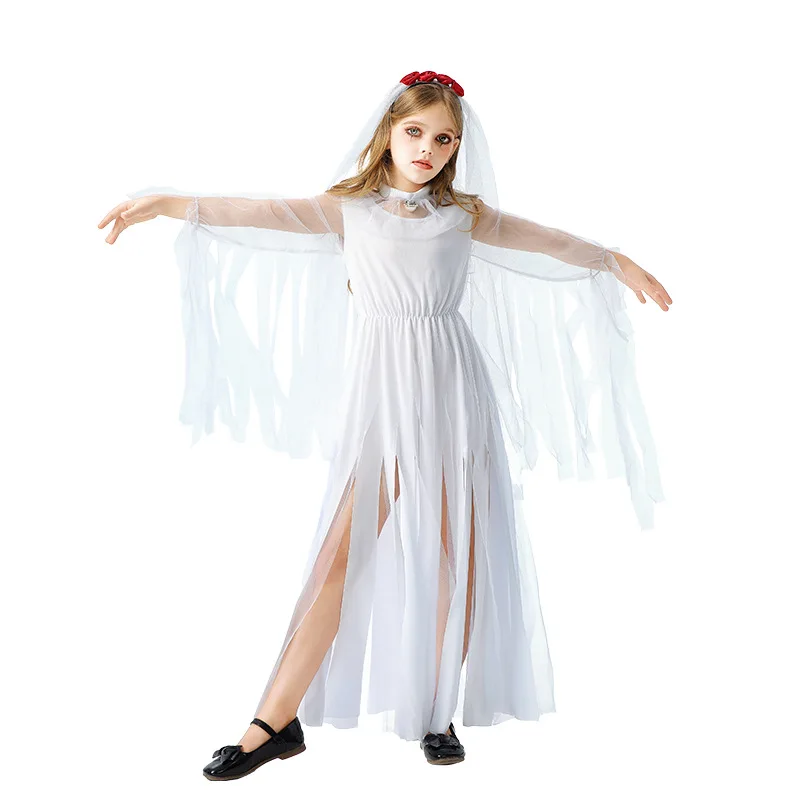 Halloween Cosplay Costume Dark Ghost Bride Mesh Irregular Dress Headdress Set Funny Theme Party Role Playing Outfits for Girls