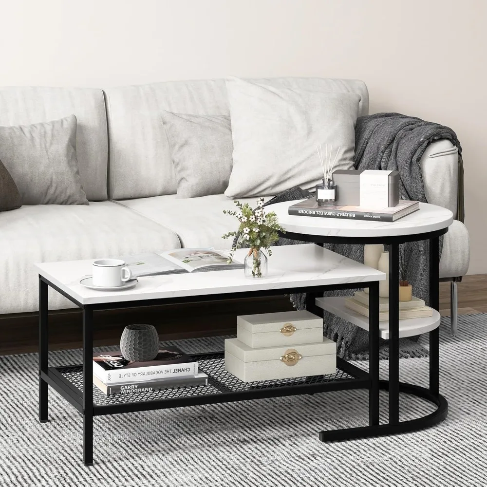 Modern Round Nesting Coffee Table Set with Faux Marble Tops and Storage Shelf, 2-Piece End Table Collection