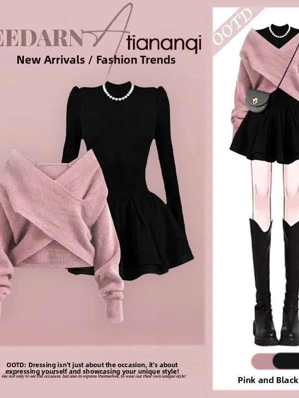 

Fashionable Knitted Sweater Dress Set with Asymmetrical Cross Design for Autumn Winter Layering with Black Dress