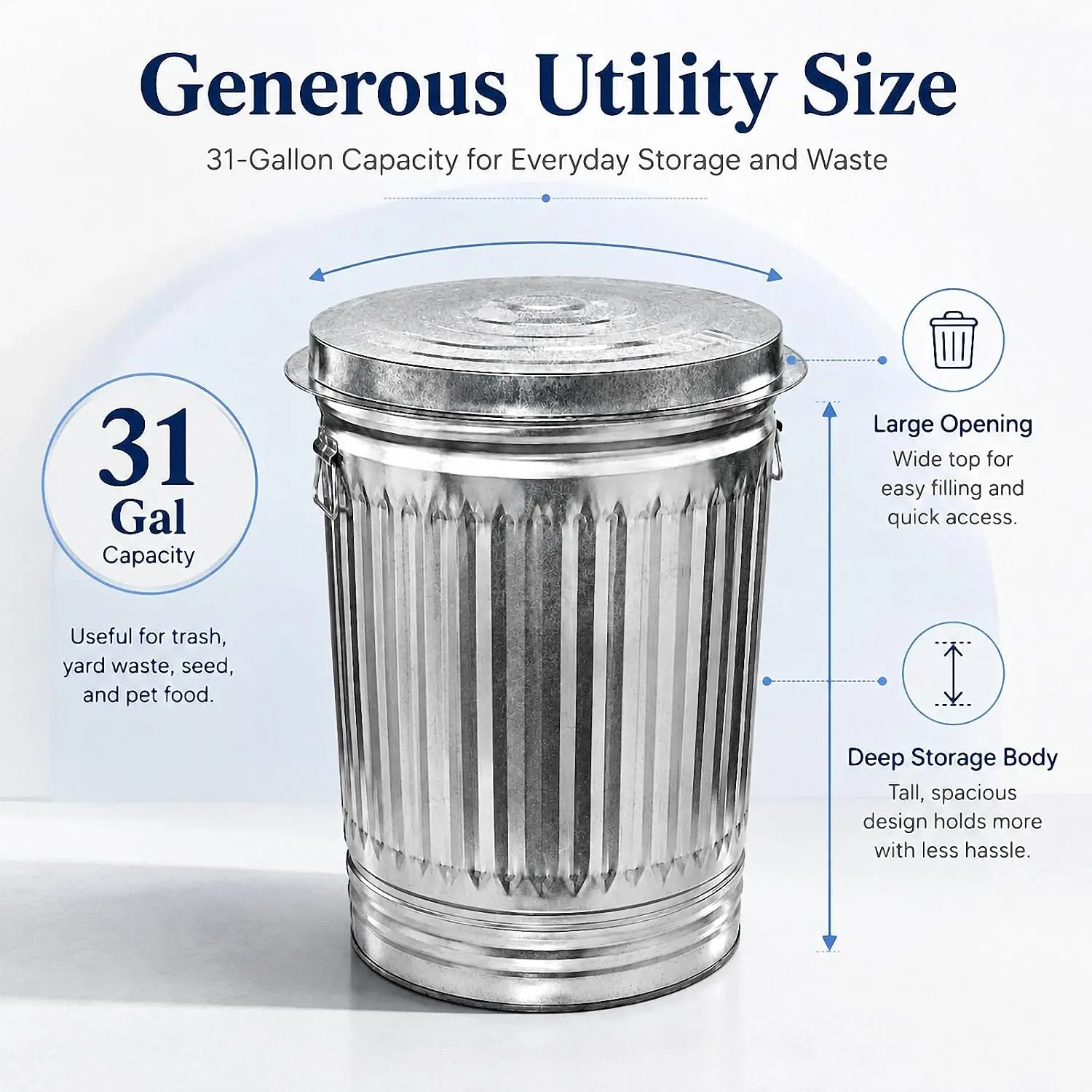 31‑Gallon Heavy‑Duty Trash Can, Lid Galvanized Garbage Can for Outdoor