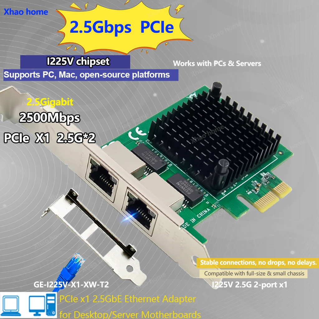 

Двухпортовая сетевая карта Ethernet 2,5G PCI-E, чип I225V 100/1000/2500 Мбит/с, для настольных ПК/серверов/ESXi/маршрутизаторов, сетевого адаптера RJ45