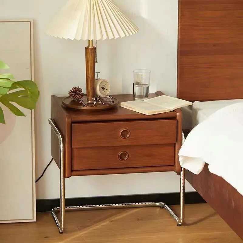

Nordic Solid Wood Vintage Nightstand Small Storage Cabinet Bedroom Stainless Steel Furniture Luxury Simple Bedside Organizer