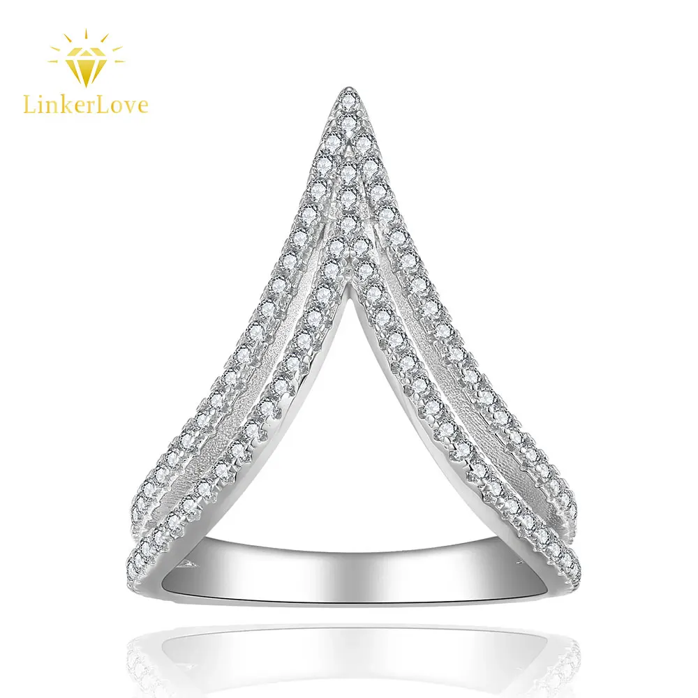 

Кольцо LinkerLove S925 из серебра с муассанитом в форме V-образного шевронного узла для женщин, с круглыми бриллиантами в два ряда, обручальное, ювелирное изделие