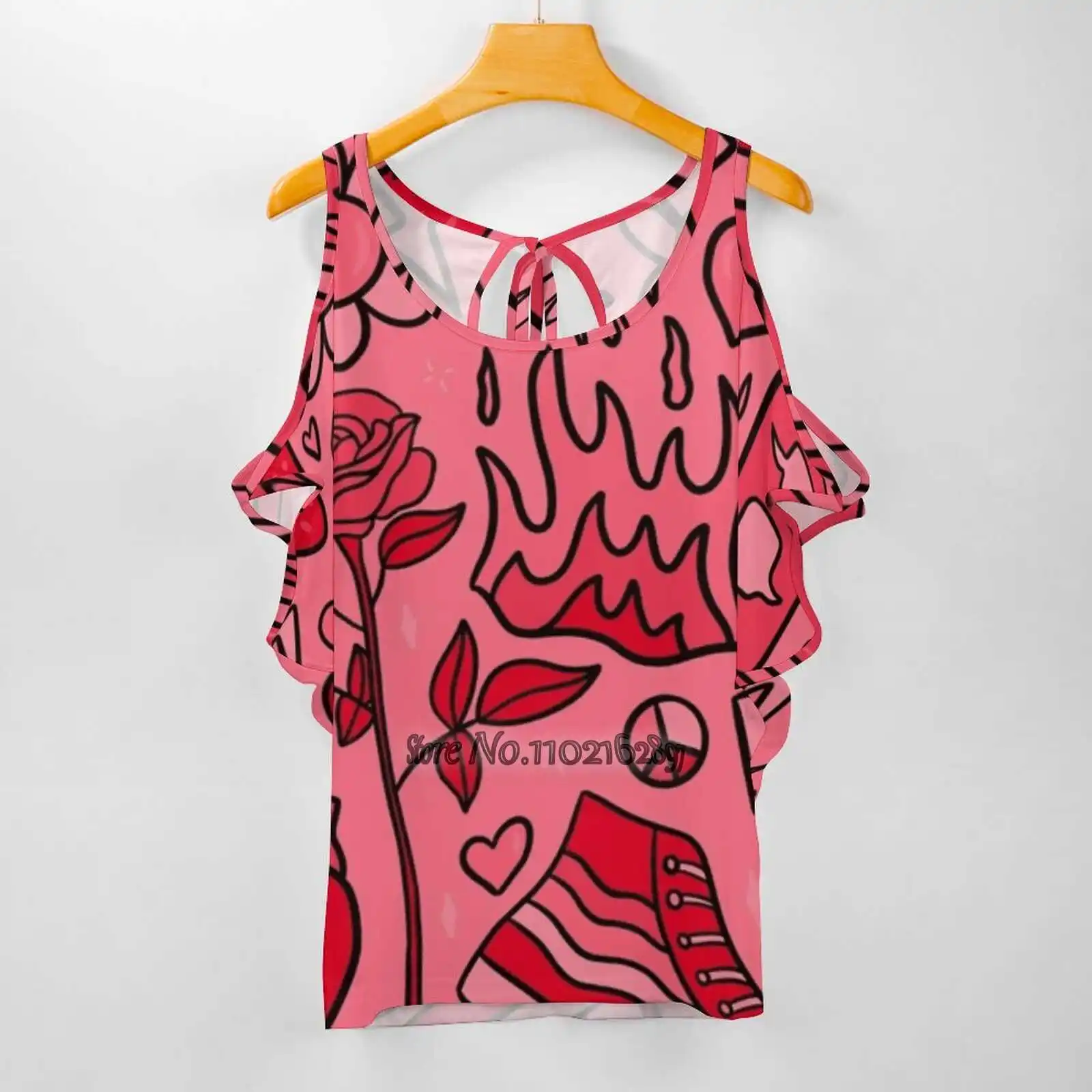 Rode Print Sexy T-shirt Casual Tops Trui Dames Top Terug Vetersluiting T Shirts Rood Patroon Grafische Ontwerp Rose Bloem Hart ster