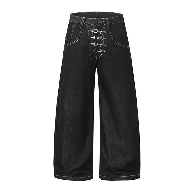 American Style Fashion Men's Jeans Personality Metal Buckle Design Decoration Straight-leg Loose Male Denim Pants MH68