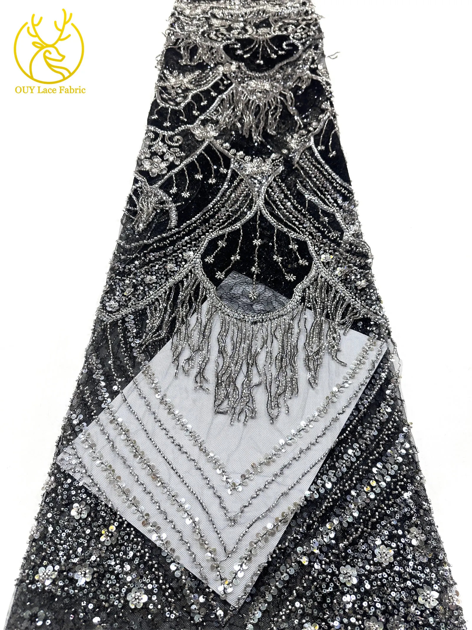 Neues Design 3D Laser Quasten-Perlen-Spitzenstoff Luxuriöser Hochwertiger Afrikanischer Pailletten-Spitzenstoff für Damen-Abendkleider zum Nähen – Detail 24