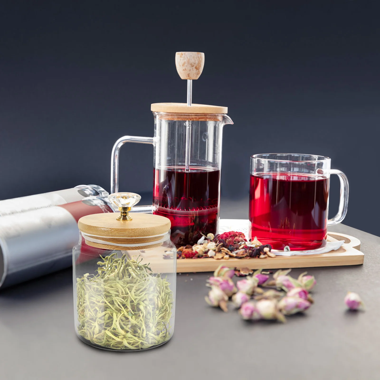 

2pcs Glass Tea Jar Food Grade Storage Canister Bamboo Lid Tea Leaves Holder Multi function Transparent Bottle Body Household