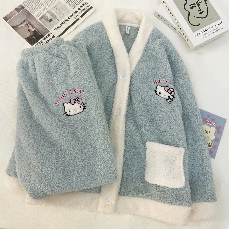 

Anime Sanrio Hello Kitty Plush Women Pajamas Sweet Cute Warm Long Sleeve Pants Two-piece Set Fall Winter Loose Casual Homewear