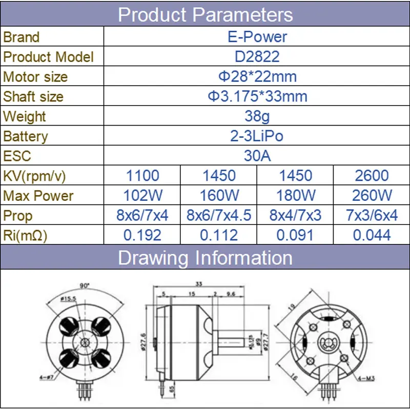 E-POWERRC D2822 2822 Waterproof Brushless Motor 1100KV 1450KV 1800KV 2600KV For RC Airplanes Multi Axis Fixed Wing Motors Parts