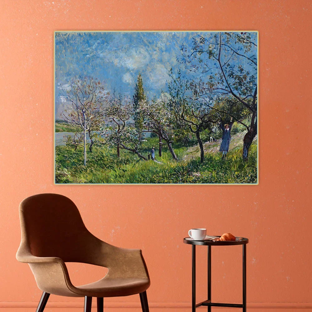 Pomar en primavera de Alfred Sisley lienzo pintura al óleo imagen estética obra de arte telón de fondo decoración colgante de pared decoración del hogar