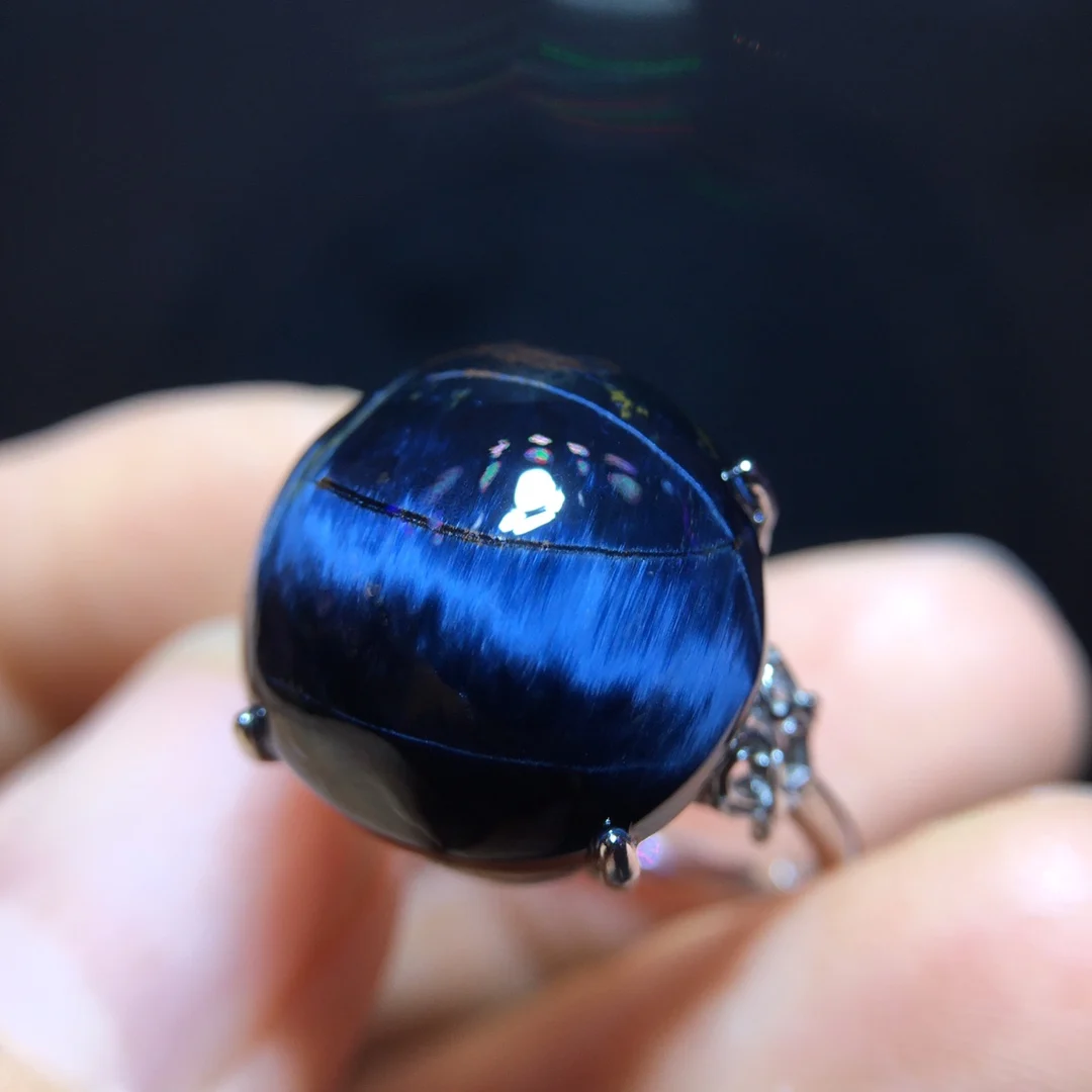 Natural Blue Pietersite Adjustable Ring Namibia 15.2/15.3mm ROund Big Size 925 Silver Pietersite Chatoyant Gemstone Ring AAAAAA