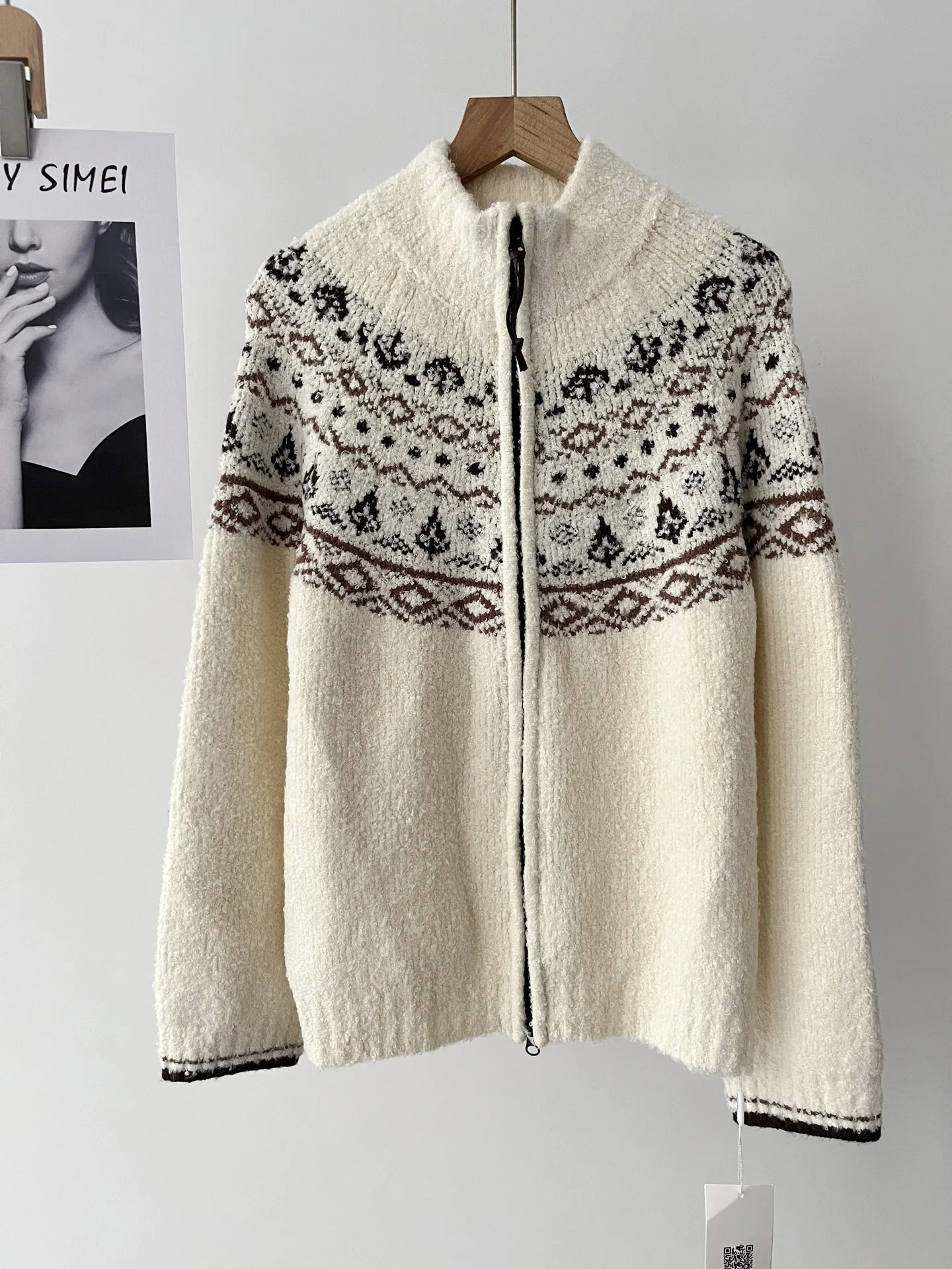 

Винтажный жаккардовый вязаный свободный свитер с двойной молнией, кардиган, женский топ, осенний 51c-1621