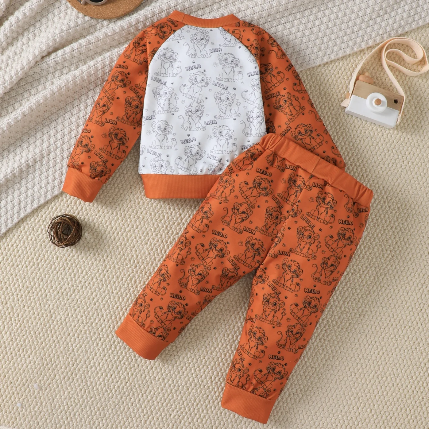 Cute Lion Print 2PCS Cartoon Clothes Set for Kids Boy 1-5 Years Old Long Sleeve Top with Full Printed Pants Spring Outfits