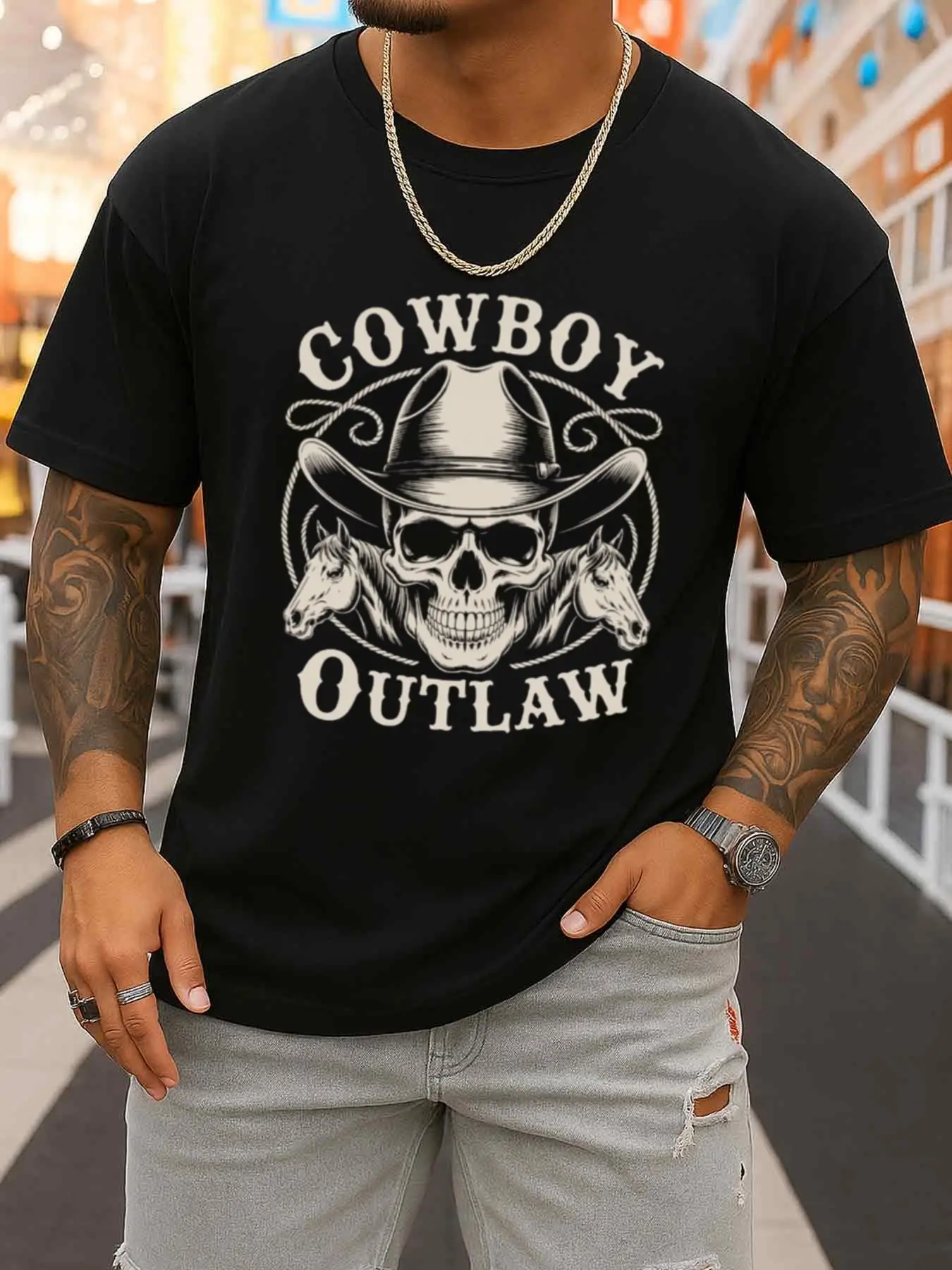 Vintage Cowboy Criminal Skull Pattern T-Shirt Men's Round Neck Black Limited Edition Classic Casual T-Shirt, Street Style, Summer Casual Wear, Perfect for Gifting, Sports, and Comfortable Everyday Wear