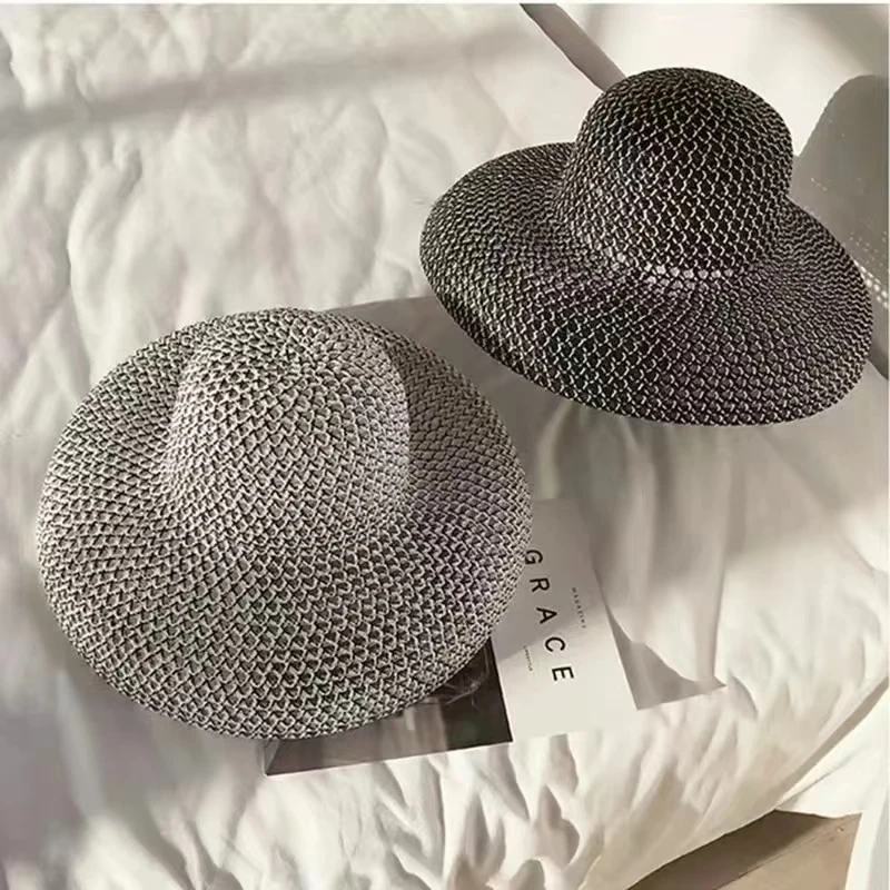 Sombrero de paja grande redondo Retro para mujer, sombreros de sol para mujer, sombreros de visera de vacaciones de viaje, sombr