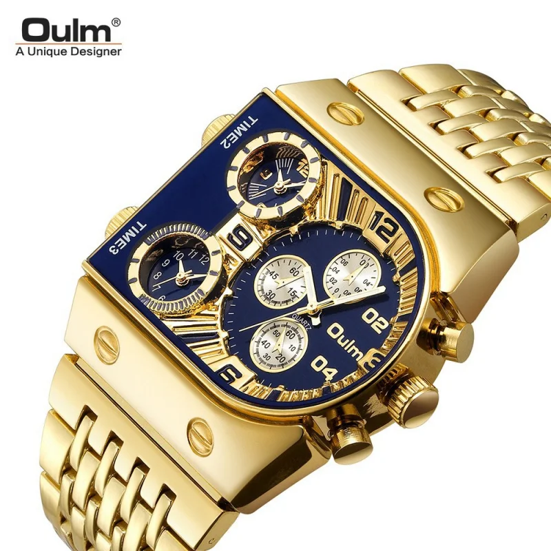 Official brand free shippingNew Multi-Time Zone Large Dial Luminous Men's Steel Belt Casual Quartz Watch Gold