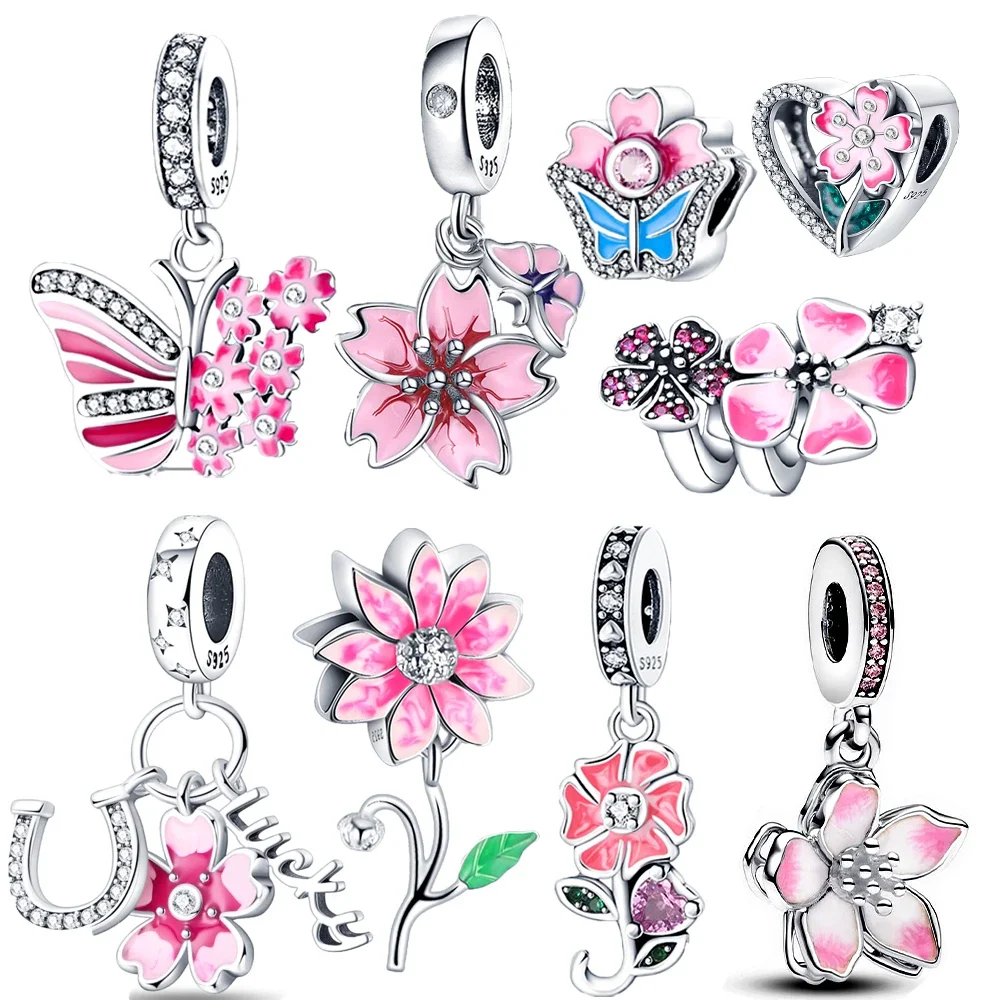 Charms aus Sterlingsilber 925, Kirschblüten-Serie, Blumen, passend für Original-Damenarmbänder, DIY-Herstellung von edlen Schmuckgeschenken