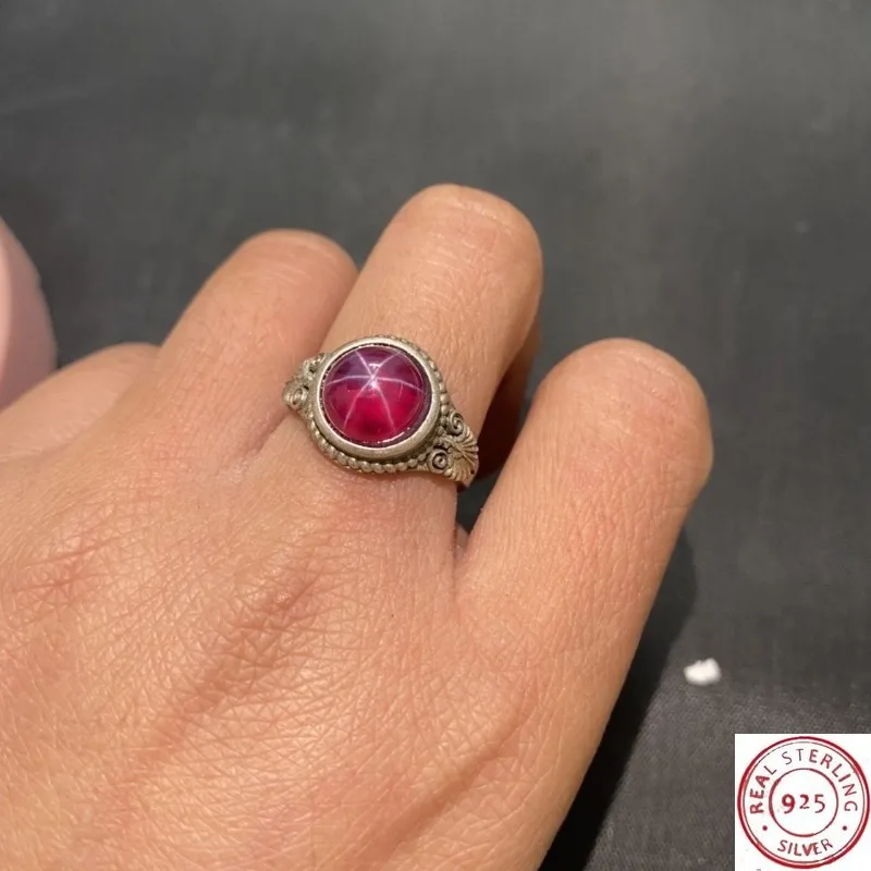 Tibetan Silver Cloisonne Ring, Inlaid Star Ruby, Retro Ethnic Style, Adjustable Open Band, Unisex Vintage Finger Jewelry
