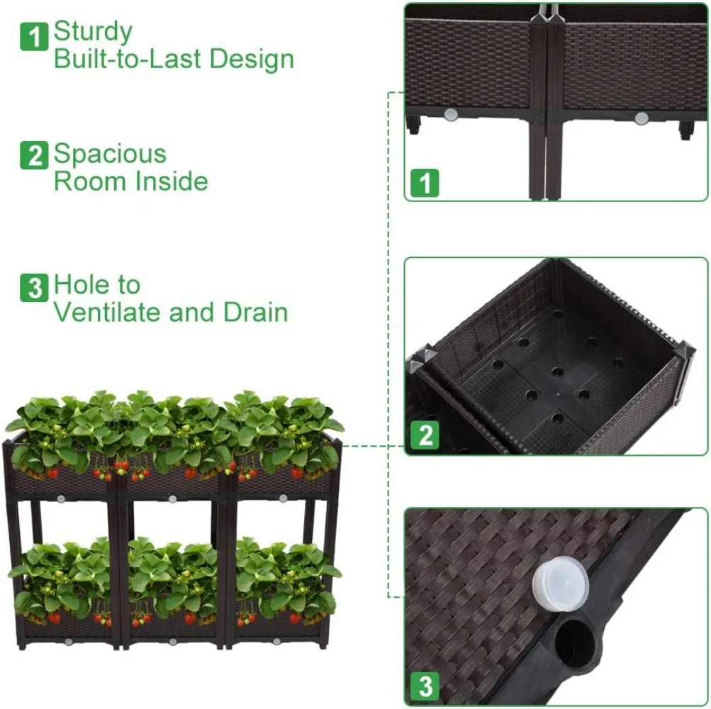 Square Raised Garden Bed, Self-Watering Plastic Planter for Indoor Outdoor Vegetables, Fruits,Potato,Flowers,All Weather (6 Pcs)