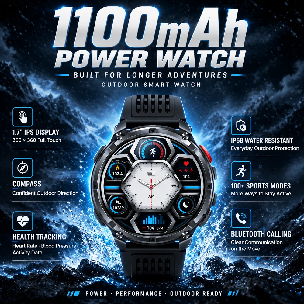 2026 New 1100mAh Men's Outdoor Smartwatch 1.7'' IPS Bluetooth Calling IP68 Waterproof 100+ Sports LED Flashlight Health Tracker