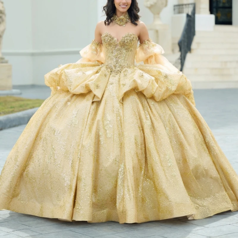 

Gold Shiny Princess Quinceanera Dresses Off Shoulder Applique Flower Beading Crystal Bow Tull Sweet 16 Dress Ball Gown Vestidos