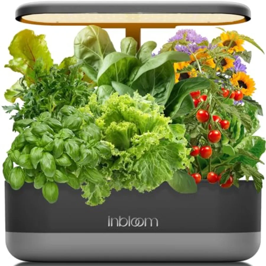 Indoor herb gardening hydroponics system with 12 pods, black ABS plastic, height-adjustable design, 4.2L water reservoir and pu