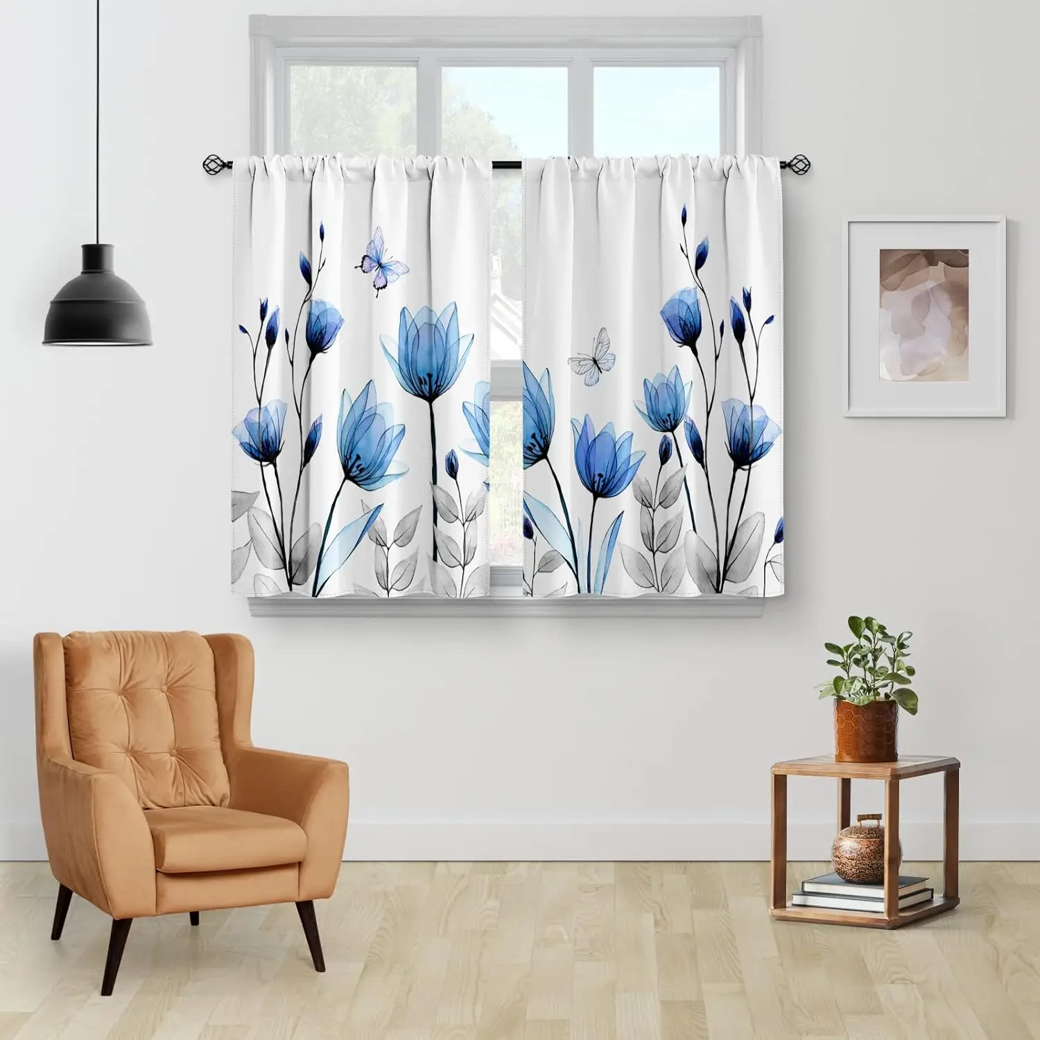 Floral Vintage Flower Kitchen Curtains - Rustic Blue Tulip Farmhouse Short Cafe Tier Curtains Decor for Woman Botanical Butterfl