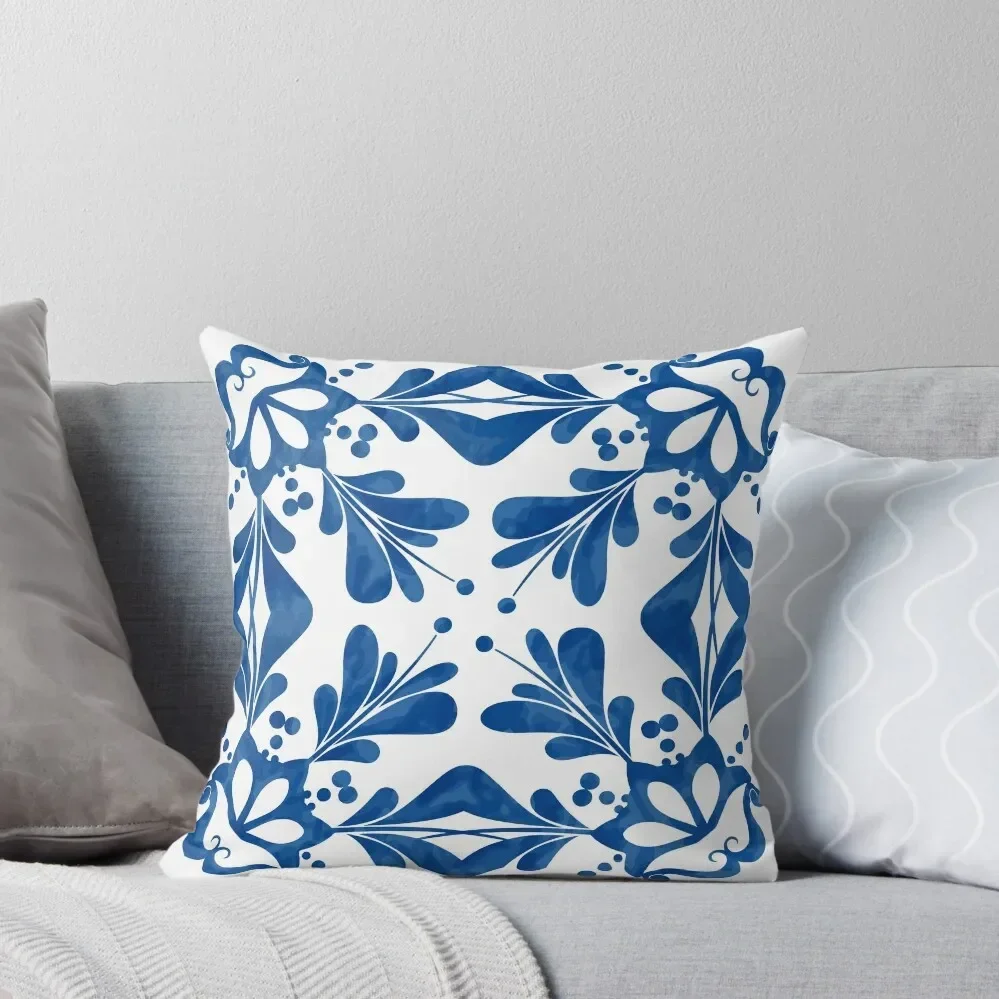 traditional portuguese azulejo tile floral pattern in blue and white Throw Pillow Cushion Cover pillow