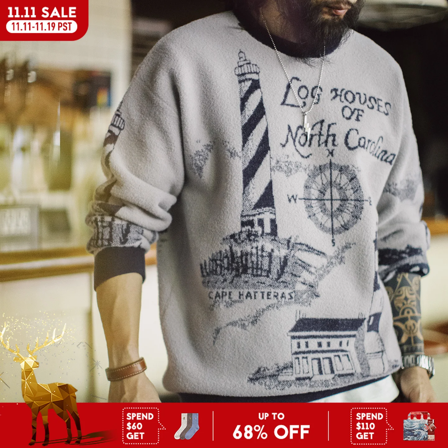 

Maden Gray Lighthouse Pattern Crewneck Sweater Heavyweight Warm Soft Knitwear Men's Relaxed Fit Pullover for Autumn Winter