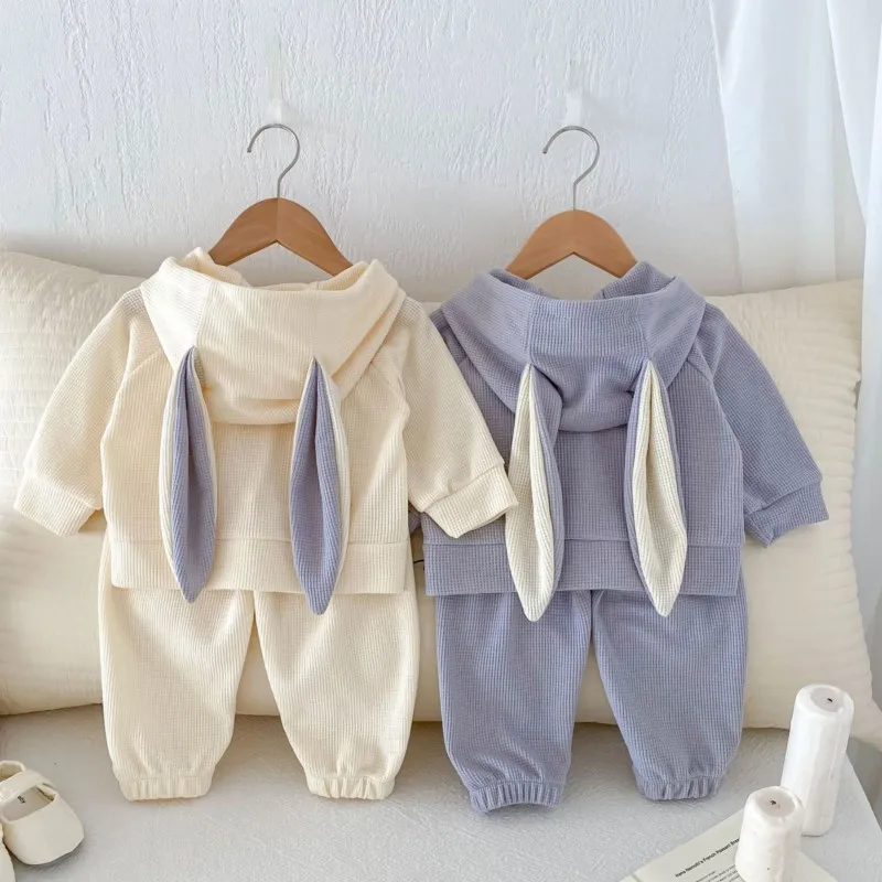 

Baby Girl Boy Cotton Rabbit Ear Hooded Clothes Set Coat+Pants Toddler Child Solid Loose Outfits Spring Autumn Baby Clothes 9M-3Y