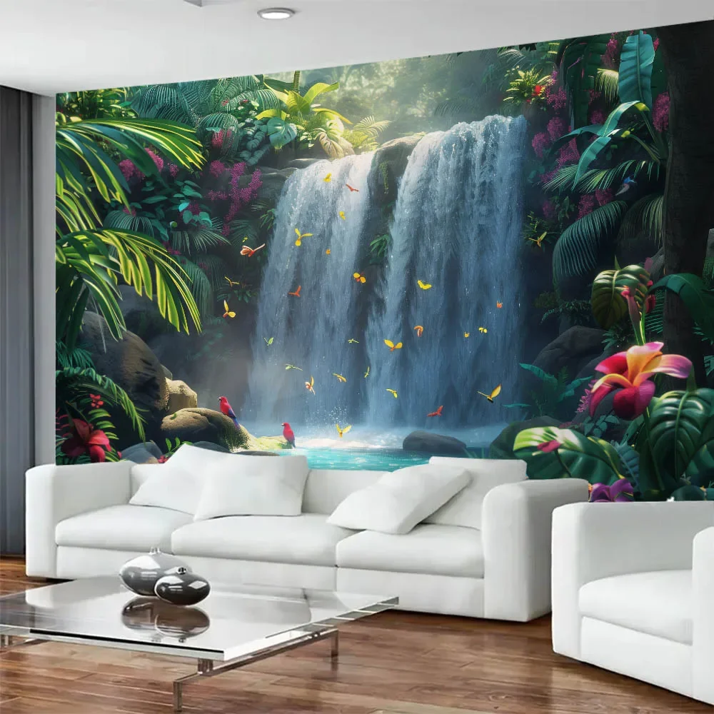 Green Jungle Flower Bird Waterfall Wall Tapestry Natural Landscape Bedroom Living Room Decorative Hanging Homestay Art