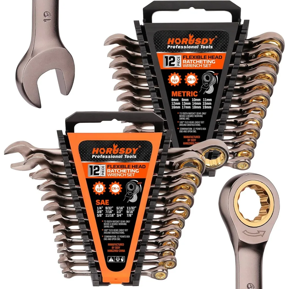 24-Piece Ratcheting Wrench Set Metric and SAE  Ratchet Combination Wrenches Set with Organizer