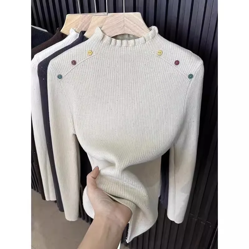 Pull en tricot à col montant une pièce Thiened Color f pour femme, nouveau modèle d'hiver, bouton intérieur