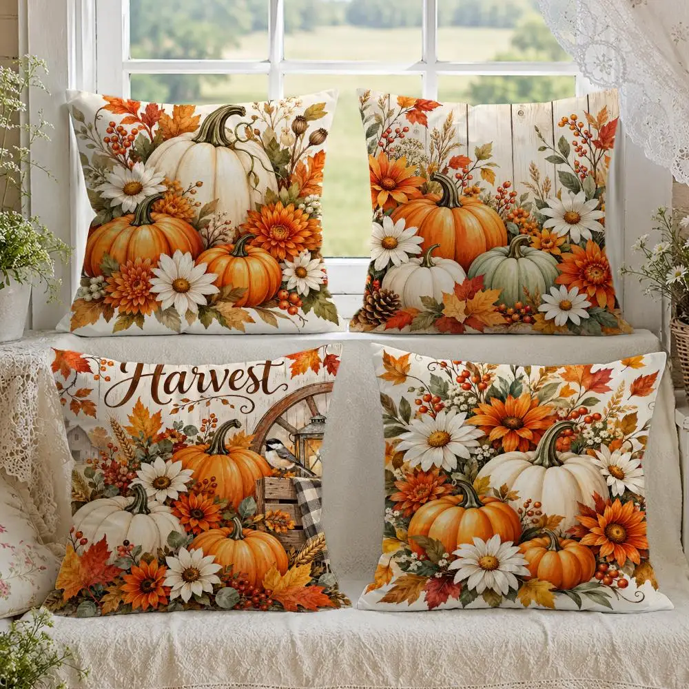 Abundant Autumn Harvest Pumpkin Patch Cushion Cover 1/4PCS Linen Sofa Couch Bedroom Living Room Home Decor Pillow Case
