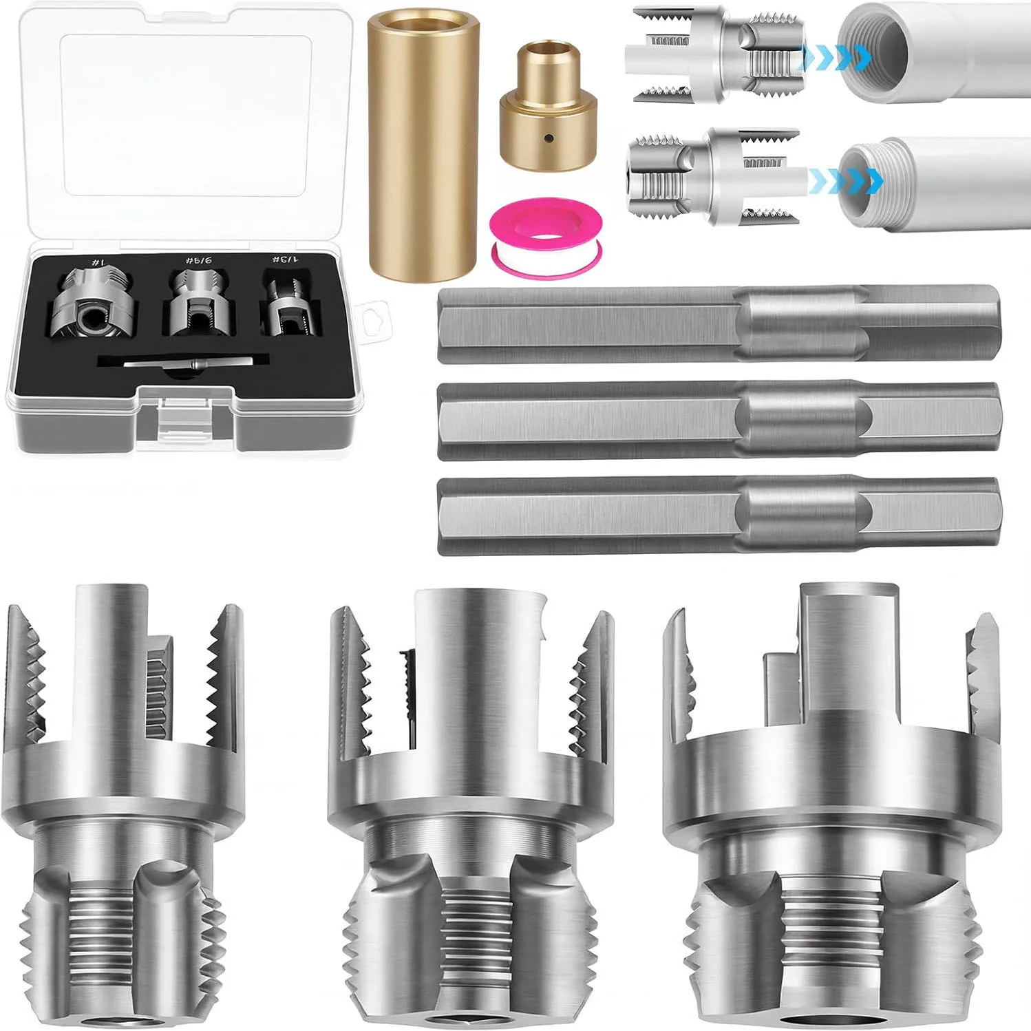 4-in-1 PVC-Rohr-Gewinde- und Schweißwerkzeug-Set, Innen- und Außengewindeschneider für 1/2", 3/4", 1" Rohre, Bohrmaschinen-kompatibel