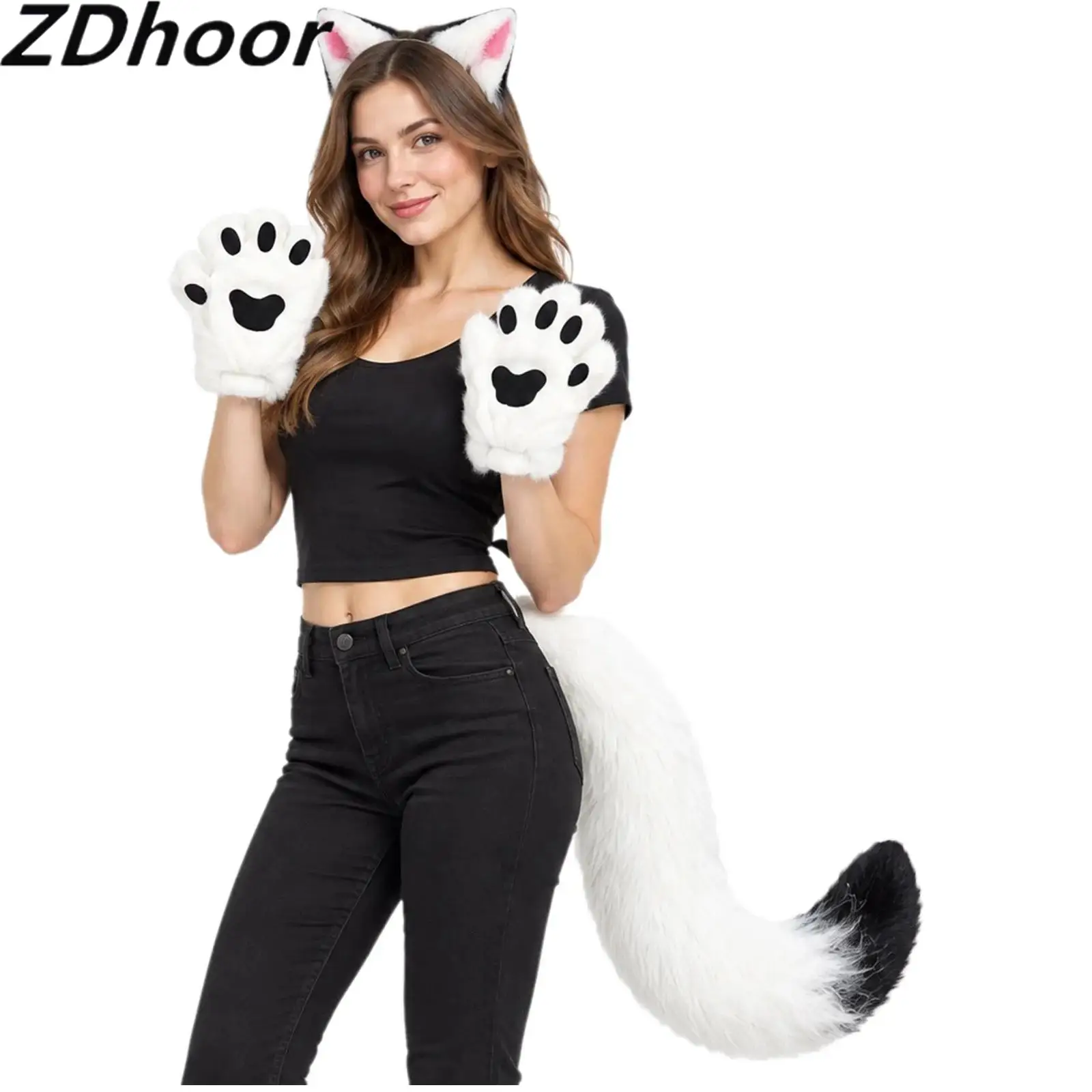 Halloween Cosplay Accessories Set Faux Fur Cat Ears Hair Hoop with Adjustable Tail And Paw Gloves