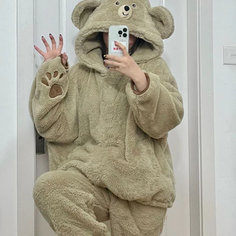 

Kawaii пижамный костюм для девочек, осенне-зимняя одежда для сна с героями мультфильмов, коралловый флис, сохраняющая тепло, милая домашняя одежда, утепленная пижама с капюшоном на флисовой подкладке