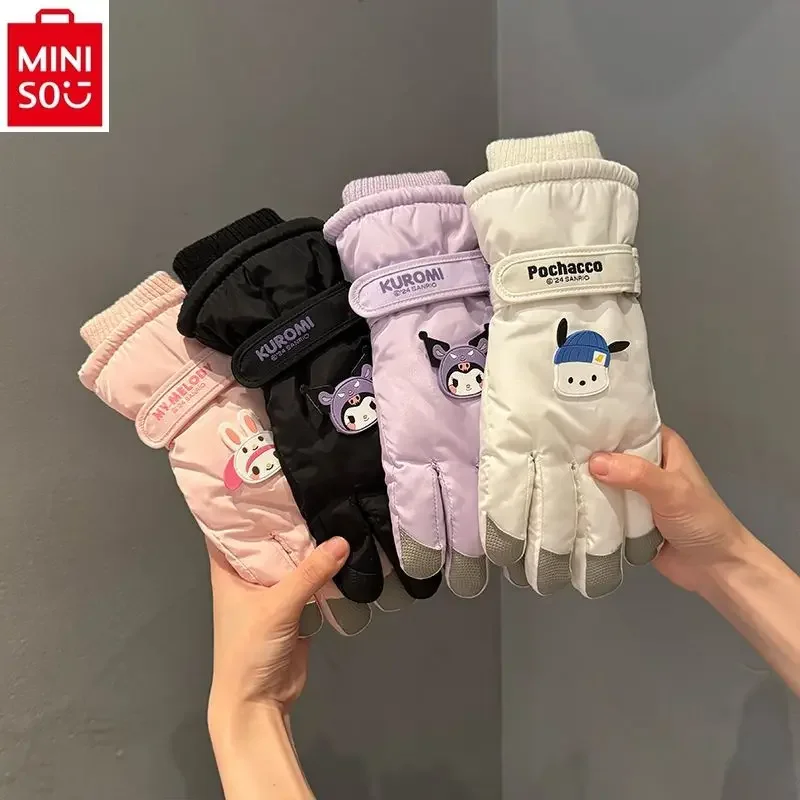 MINISO autumn and winter plush thick cotton warm student cartoon hello kitty motorcycle anti slip and wear-resistant gloves