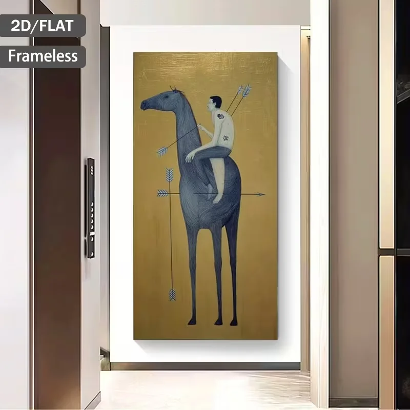 2D Flat, 2D Flat, A Modern Abstract Canvas Print Featuring a Man on a Horse with Arrows Against a Golden Backdrop, Measuring 39.