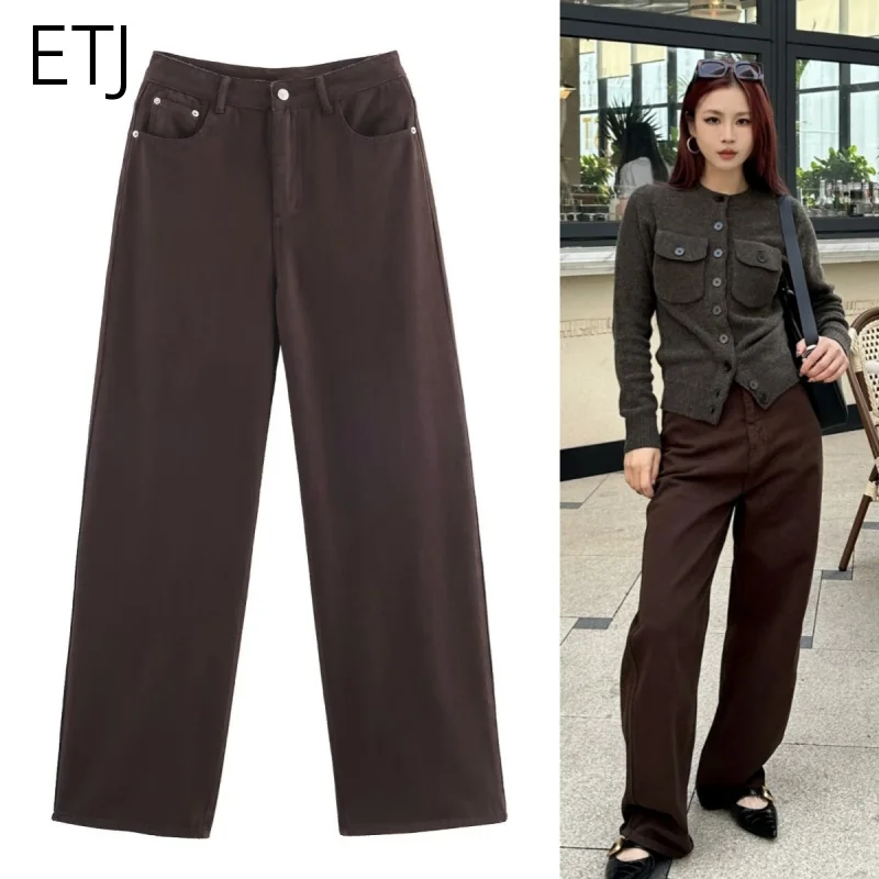 

ETJ 2025 женские новые классические простые джинсовые брюки цвета Маррада с высокой талией и широкими штанинами, модные повседневные брюки в пол