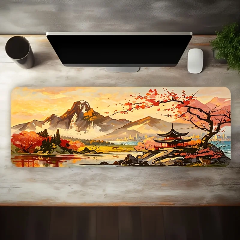 Large-Sized Esports Gaming Mouse Pad, Featuring a Warm Golden Landscape Oil Painting of a Red Maple Tree, an Ancient Pavilion