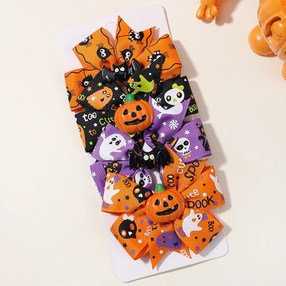 4 teile/satz Halloween Cheer Bow Haars pange für Kinder lustige Kürbis Haarnadel Band Bowknot Haars pange Mädchen Kopf bedeckung Haar Zubehör – Detail 20