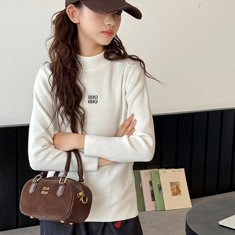 

Girls Thickened Knitwear Autumn Winter New Style Children's Semi-High Collar Top Mid-Large Children Solid Color Base Shirt