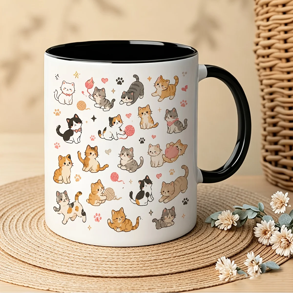 Cute 11oz Ceramic Cat Mug Paw Print Yarn Pattern Coffee Tea Milk Birthday Gift