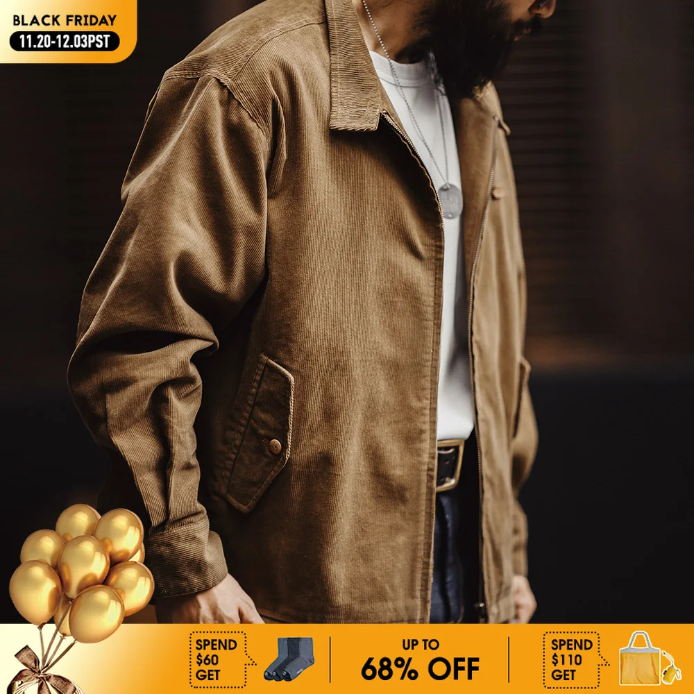 

Maden Retro Corduroy Jacket with Stand-up Collar Zipper Flap Pockets Casual Solid Color Outwear for Men's Autumn Versatile Coat