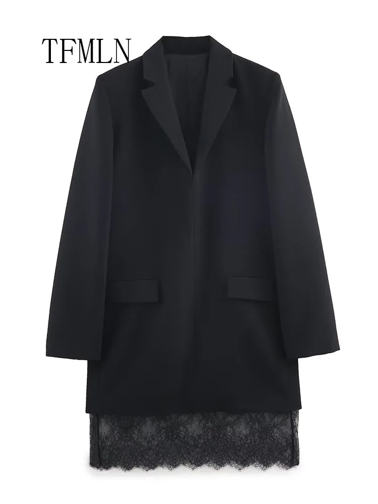 TFMLN 2026, женское платье-пиджак с кружевной отделкой, модный пуловер с длинными рукавами и зубцами, повседневное шикарное платье, элегантное офисное женское платье с карманами