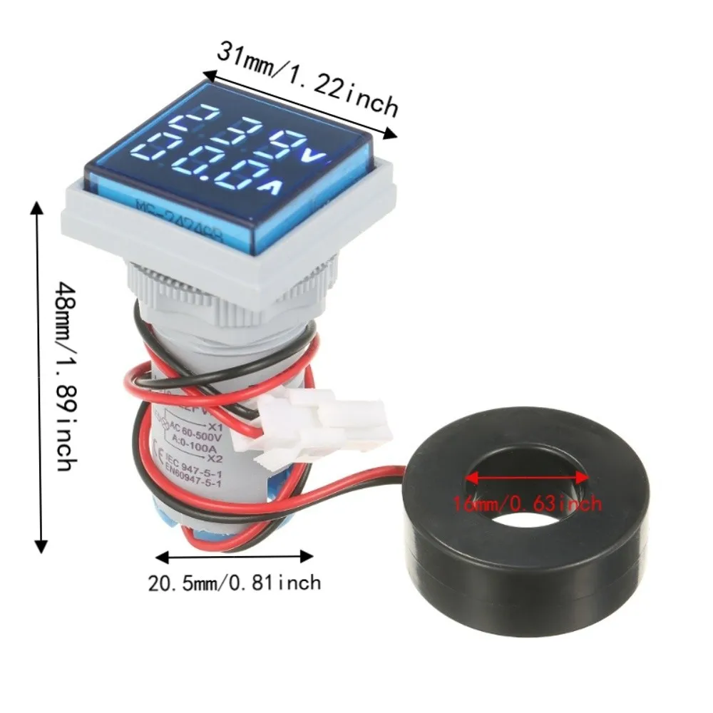 2pcs Dual LED Display Digital Volt-Ammeter AC 60-500V Blue/Yellow Voltage Current Meter AC 0-100A LED Display Ammeter