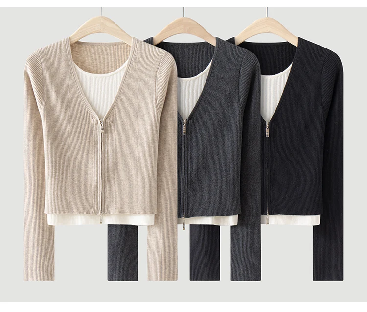 MZ62017 Elegante Damen-Strickjacke mit Reißverschluss, V-Ausschnitt, Langen Ärmeln und Kontrastbesatz aus Modal-Mischung, Mehrlagiges Strickoberteil für Herbst und Winter – Detail 12