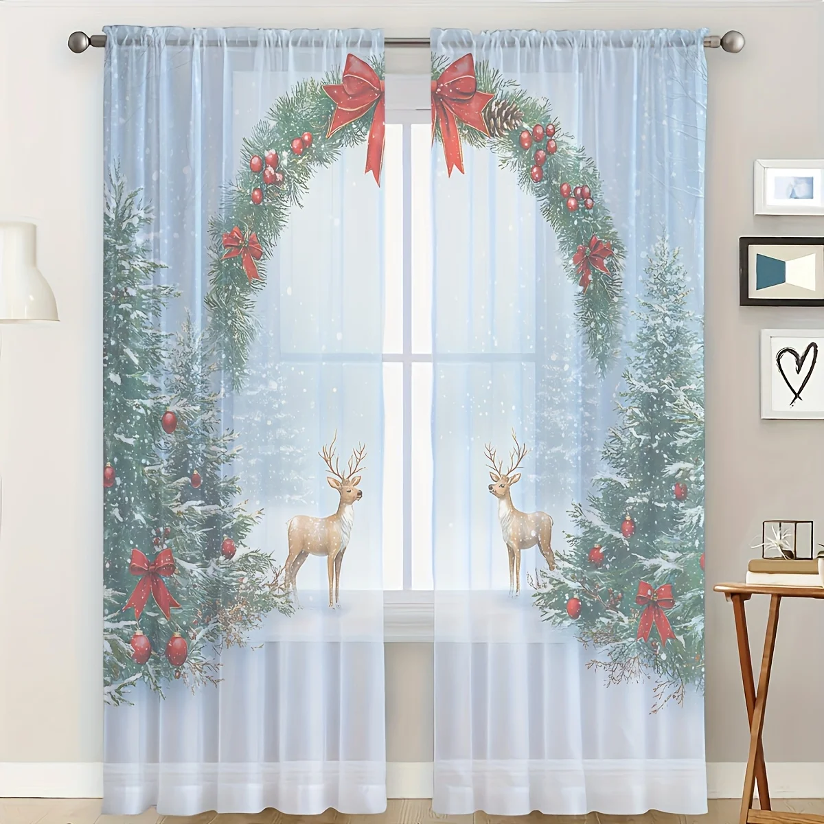 2PCS Christmas Winter Sheer Curtains, Wreath Reindeer Snow Pine, Digital Print, Bedroom Living Room, Rod Pocket, Home Decor